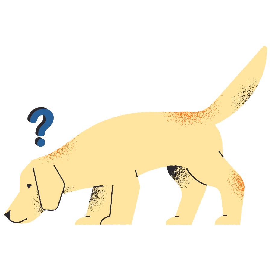 Illustrated dog sniffing ground with question mark above head.
